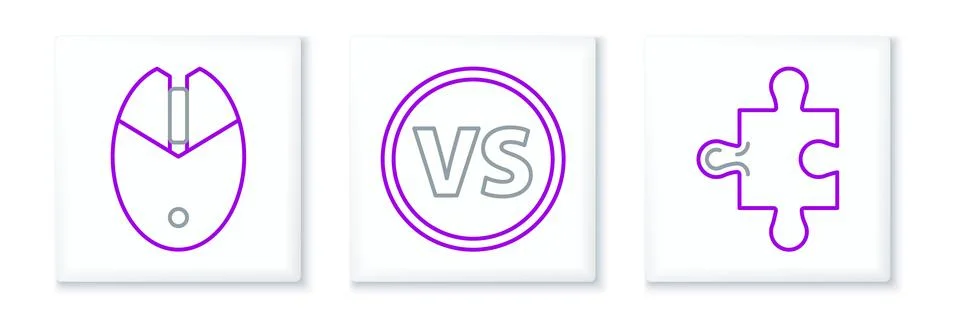 Set line Piece of puzzle, Computer mouse gaming and VS Versus battle icon. .. Illustrazione stock