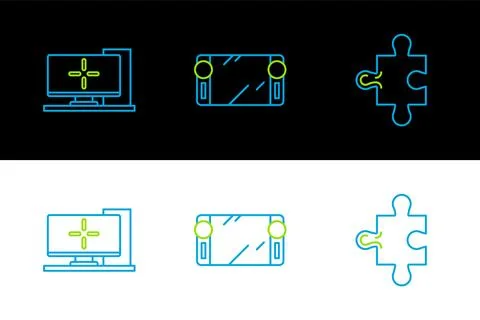 Set line Piece of puzzle, Computer monitor and Portable video game console .. Illustrazione stock