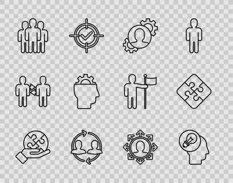 Set line Piece of puzzle in hand, Human head with lamp bulb, gear inside, r.. Stock Illustration
