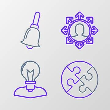 Set line Piece of puzzle, Human head with lamp bulb, Project team base and .. Stock Illustration