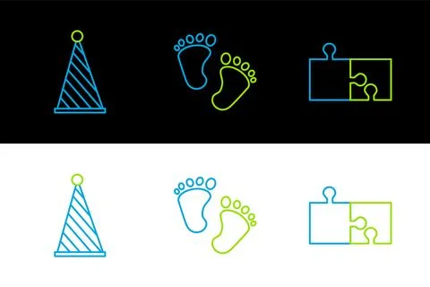 Set line Piece of puzzle, Party hat and Baby footprints icon. Vector Stock Illustration