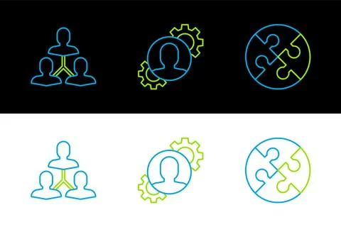 Set line Piece of puzzle, Project team base and Human with gear inside icon.. Illustrazione stock