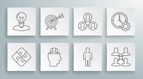 Set line Piece of puzzle, Target with arrow, Project team base, User man in.. Stock Illustration