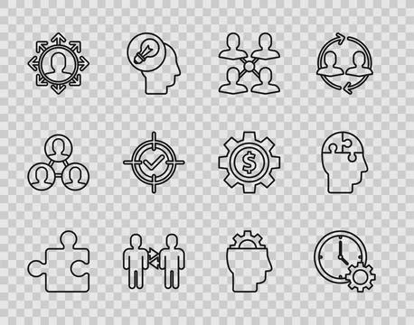 Set line Piece of puzzle, Time Management, Project team base, Target and ch.. Stock Illustration