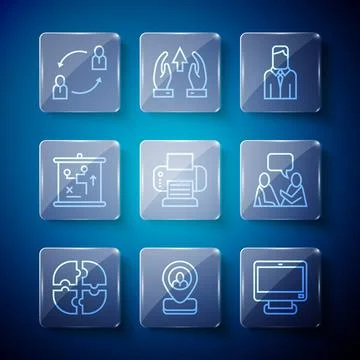 Set line Piece of puzzle, Worker location, Computer monitor, Printer, Plann.. Stock Illustration