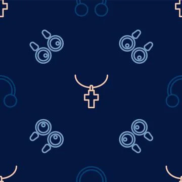 Set line Piercing, Earrings and Christian cross on chain on seamless pattern Stock Illustration