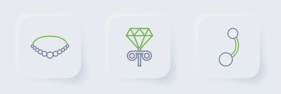 Set line Piercing, Stud earrings and Pearl necklace icon. Vector Stock Illustration