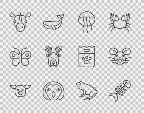 Set line Pig, Fish skeleton, Jellyfish, Owl bird, Rhinoceros, Deer head with Stock Illustration