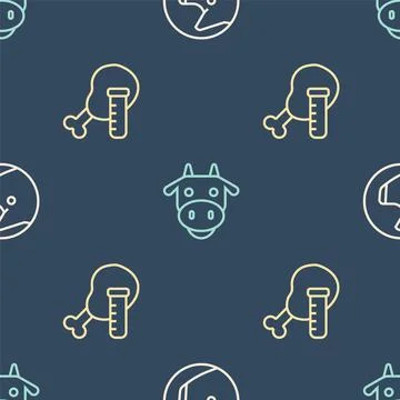 Set line Pig, Genetically modified chicken and Cow head on seamless pattern Illustrazione stock