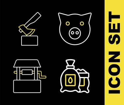 Set line Pig, Pack full of seeds of plant, Well and Wooden axe icon. Vector Stock Illustration