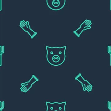 Set line Pig, Rubber gloves and Garden pitchfork on seamless pattern. Vector 스톡 일러스트
