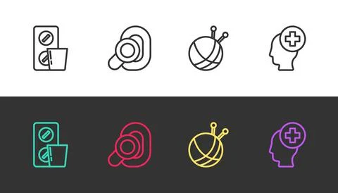 Set line Pills in blister pack, Hearing aid, Yarn ball with knitting needles and イラスト素材