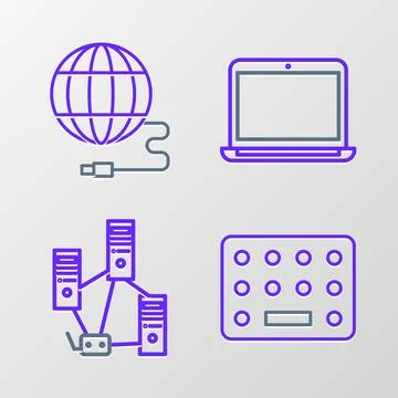 Set line Pills in blister pack, Computer network, Laptop and Social icon. Vector Stock Illustration