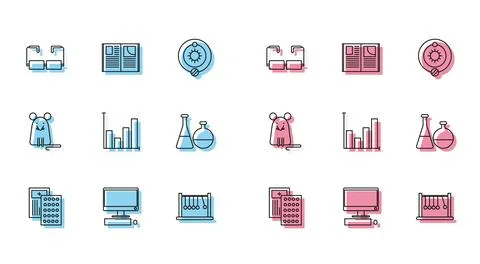 Set line Pills in blister pack, Computer monitor with keyboard and mouse, G.. Stock Illustration
