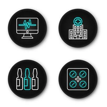 Set line Pills in blister pack, Medical vial, ampoule, hospital building an.. Stock Illustration