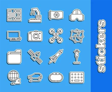 Set line Pills in blister pack, Syringe, Neural network, Video graphic card.. Stock Illustration