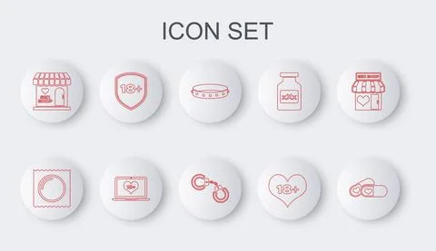 Set line Pills for potency, Condom in package, Leather fetish collar, 18 plus Stock-Illustration