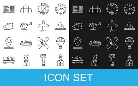 Set line Pilot, Box flying on parachute, Plane landing, No cell phone Stock Illustration