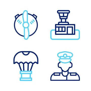 Set line Pilot, Box flying on parachute, Airport control tower and Plane pr.. Illustrazione stock
