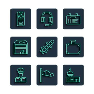 Set line Pilot, Cone meteorology windsock, Airport control tower, board, Rock Stock Illustration