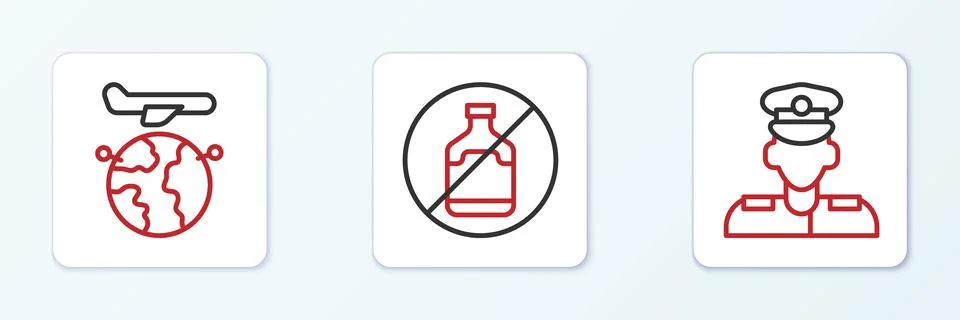 Set line Pilot, Globe with flying plane and No alcohol icon. Vector 库存插图