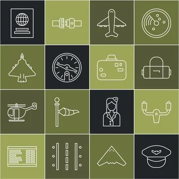 Set line Pilot hat, Aircraft steering helm, Suitcase, Plane, Compass, Jet Stock Illustration