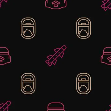 Set line Pilot hat, Airplane window and Rocket on seamless pattern. Vector Illustrazione stock