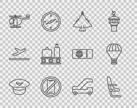 Set line Pilot hat, Airplane seat, Jet fighter, No cell phone, Helicopter イラスト素材
