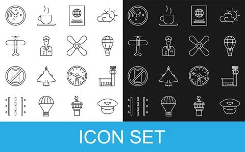 Set line Pilot hat, Airport control tower, Hot air balloon, Passport, Plane イラスト素材