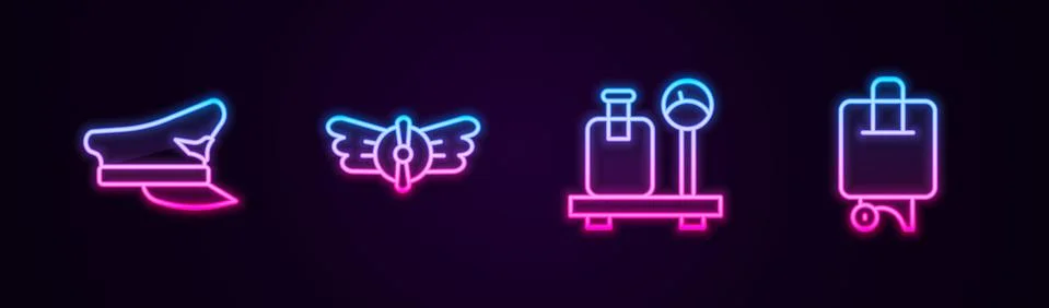 Set line Pilot hat, Aviation emblem, Scale with suitcase and Suitcase. Glowing イラスト素材