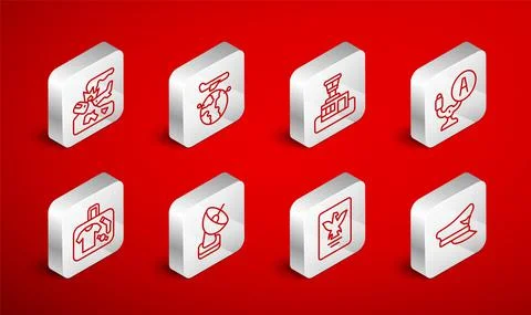 Set line Pilot hat, Globe with flying plane, Airport control tower, Aircraft Illustrazione stock