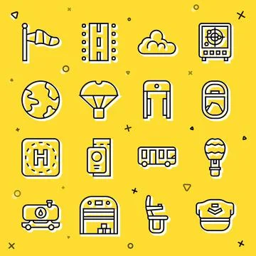 Set line Pilot hat, Hot air balloon, Airplane window, Cloud weather, Box flying イラスト素材