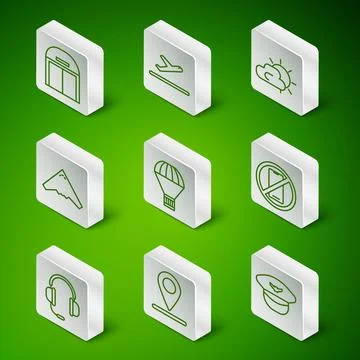 Set line Pilot hat, Location, Aircraft hangar, Box flying parachute, Jet fi.. Stock Illustration