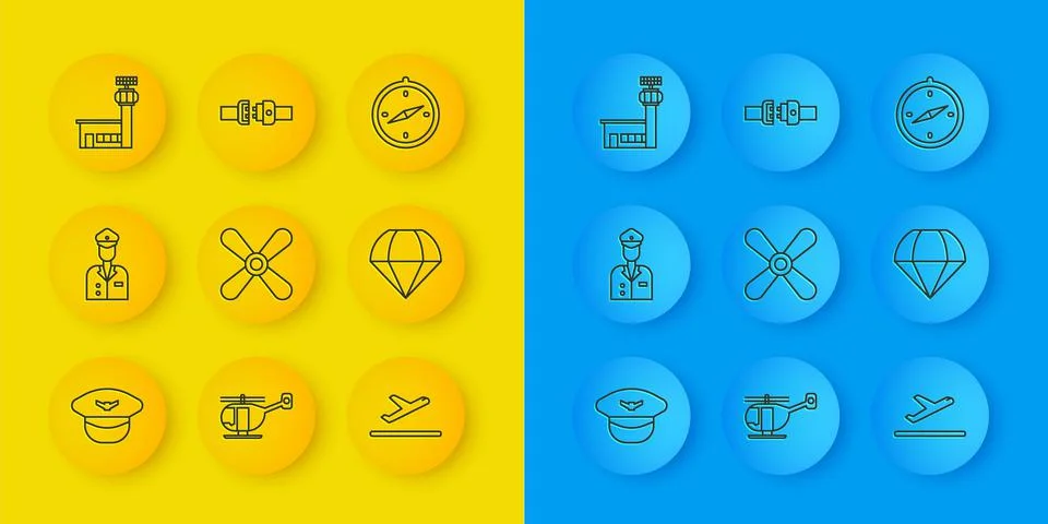 Set line Pilot hat, Plane propeller, takeoff, Parachute, Airport control tower イラスト素材