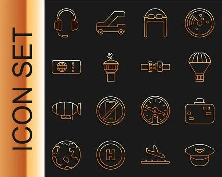 Set line Pilot hat, Suitcase, Box flying on parachute, Aviator with goggles Illustrazione stock