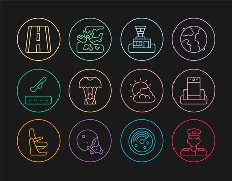 Set line Pilot, Metal detector in airport, Airport control tower, Parachute.. Illustrazione stock