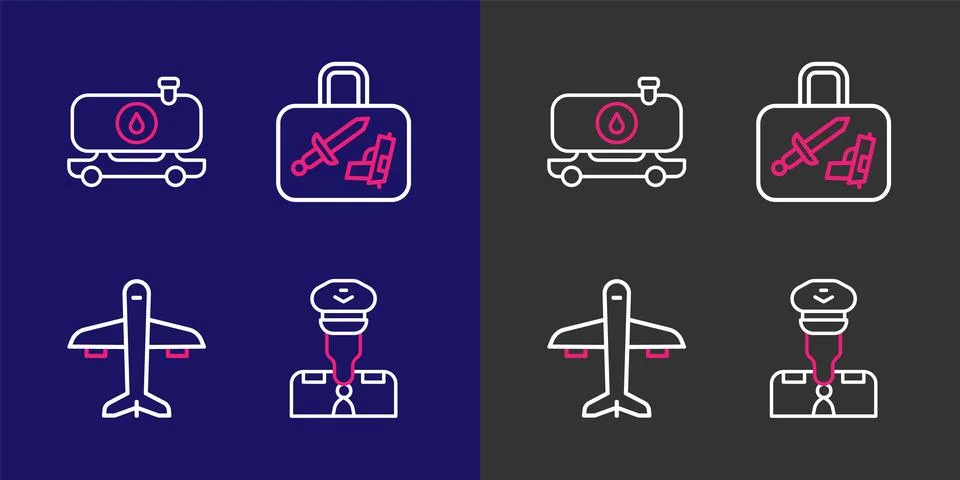 Set line Pilot, Plane, Suitcase and Fuel tanker truck icon. Vector Stock Illustration