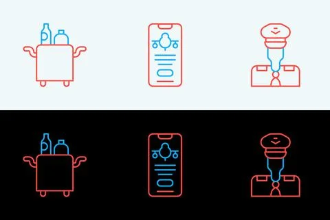 Set line Pilot, Trolley for food and Mobile with ticket icon. Vector Stock Illustration