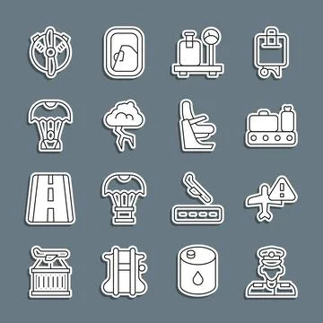 Set line Pilot, Warning aircraft, Conveyor belt with suitcase, Scale, Storm 스톡 일러스트