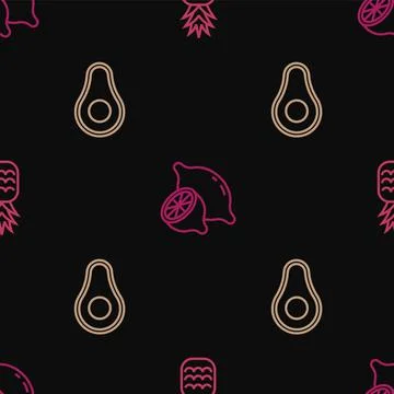 Set line Pineapple, Avocado fruit and Lemon on seamless pattern. Vector Illustrazione stock