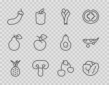 Set line Pineapple, Cabbage, Leek, Mushroom, Eggplant, Peach fruit or necta.. Stock Illustration
