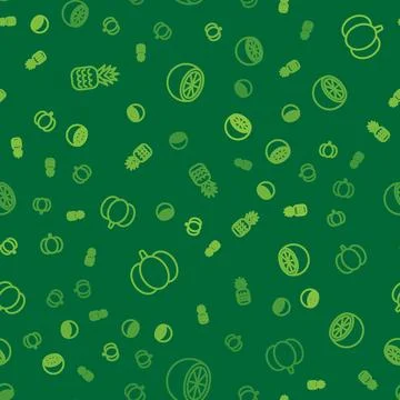 Set line Pineapple, Pumpkin and Orange fruit on seamless pattern. Vector Stock Illustration