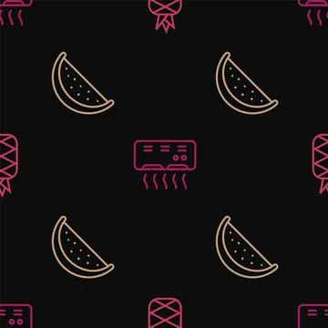 Set line Pineapple, Watermelon and Air conditioner on seamless pattern. Vector Stock Illustration
