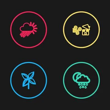 Set line Pinwheel, Cloud with snow, rain, moon, Tornado swirl and Cloudy and sun Stock Illustration