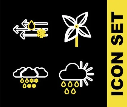 Set line Pinwheel, Cloudy with rain and sun, snow and Wind icon. Vector Stock Illustration