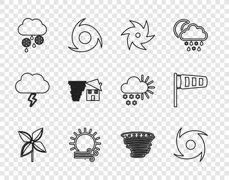 Set line Pinwheel, Tornado, Wind and sun, Cloud with snow rain, swirl,  and.. Stock Illustration