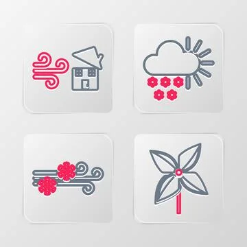 Set line Pinwheel, Wind and snow, Cloudy with and Tornado swirl icon. Vector Stock Illustration