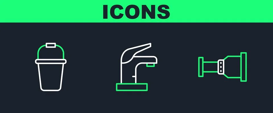 Set line Pipe adapter, Bucket and Water tap icon. Vector Stock-Illustration