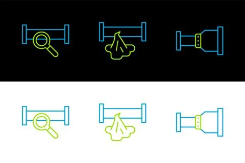 Set line Pipe adapter, Industry metallic pipe and Broken icon. Vector Stock-Illustration