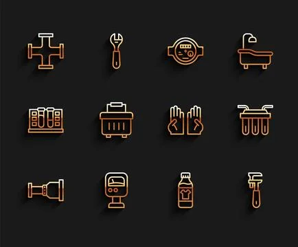 Set line Pipe adapter, Pressure water meter, Industry metallic pipe, Bottle.. Ilustração Stock